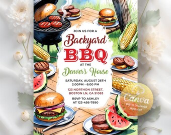 May include: Digital invitation for a backyard BBQ at the Denver's House, with illustrations of burgers, grilled meats, corn on the cob, and watermelon. The invitation includes the date, time, address, and RSVP information.