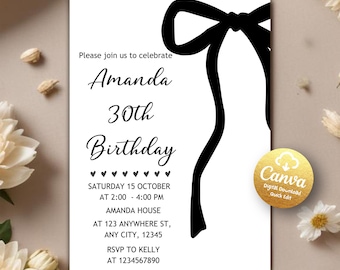 Black Bow Birthday Invitation, Black Bow Elegant 30th Birthday Invite, Watercolor Black Ribbon, Coquette Invite, Editable Canva Template