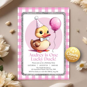 One Lucky Duck Birthday Invitation, Mallard Duck Party Invite, First Birthday Duck, Lucky Duck Birthday Invitation, Editable Canva Template
