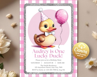 One Lucky Duck Birthday Invitation, Mallard Duck Party Invite, First Birthday Duck, Lucky Duck Birthday Invitation, Editable Canva Template