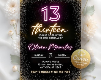 Puede incluir: Invitación de cumpleaños negra y dorada con el número 13 en rosa y la palabra "thirteen" en amarillo. La invitación incluye el nombre "Olivia Morales", la fecha, la hora y la dirección. El logotipo de Canva está en la esquina inferior derecha.