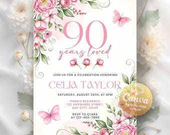 Faire-part 90e anniversaire, anniversaire de tout âge pour femme, invitation florale rose poudré pastel 90 ans, téléchargement numérique, modèle de toile modifiable