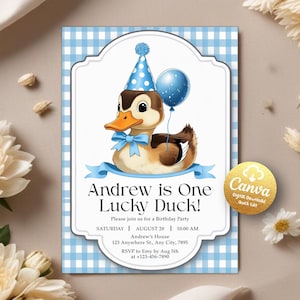 One Lucky Duck Invitation, Mallard Duck 1st Birthday Invite, First Birthday Duck, Lucky Duck Birthday Invitation, Editable Canva Template