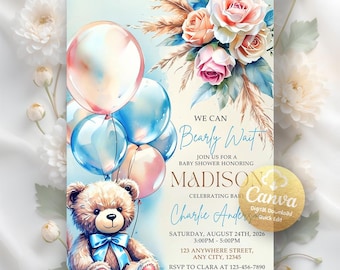 Bär-Babyparty-Einladung, blauer Junge Boho-Bär-Babyparty, wir können Bären-Einladung für Jungen warten, digitaler Download, bearbeitbare Canva-Vorlage