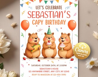 Capybara invitation, Capybara Birthday Invite, Capy Birthday, Kawaii Capybara, Capybara Party Invite, Capybara Cute, Editable Canva Template
