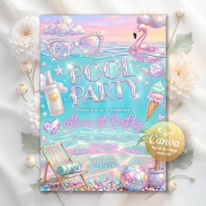 Könnte beinhalten: Eine digitale Einladung zu einer Poolparty mit türkisfarbenem Hintergrund. Das Design umfasst einen Flamingo-Schwimmer, eine Sonnenbrille und ein Eis. Der Text lautet "POOL PARTY" und "Alicia's 10th Birthday". Die Einladung ist für eine Geburtstagsfeier.
