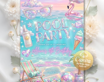 May include: A digital invitation for a pool party, featuring a turquoise background with the words "POOL PARTY". The invitation includes a flamingo float, sunglasses, and an ice cream cone. The text reads "Alicia's 10th Birthday".