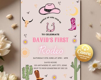 My First Rodeo Invitation, Cowgirl Birthday Invitation, Girl 1st Rodeo Birthday Invitation Template, Cowgirl Invite, Editable Canva Template