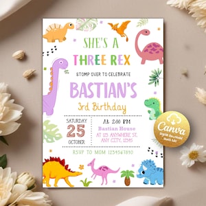 Pastel Dinosaur Birthday Invitation, Dinosaur Invitation, Girl Three Rex Party Invite, Cute Dino Pink, Dino Party, Editable Canva Template