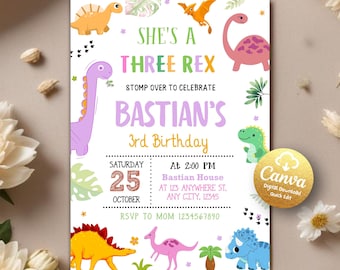 Peut inclure: Une invitation d'anniversaire sur le thème des dinosaures colorée pour un enfant qui fête ses trois ans. L'invitation représente un dinosaure violet, un dinosaure rose, un dinosaure jaune, un dinosaure bleu et des feuilles vertes. Le texte sur l'invitation indique "She's a Three Rex" et "Bastian's 3rd Birthday". L'invitation comprend également la date, l'heure et le lieu de la fête.