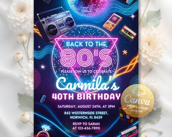 80s Birthday Invitation, Back To The 1985, Neon Glow Throwback Party, Digital Download, Editable Canva Template