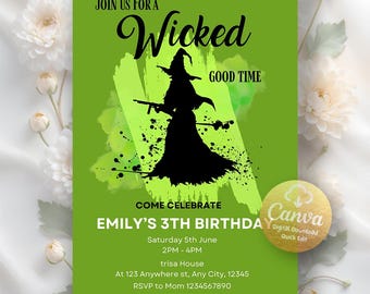 Wicked verjaardagsuitnodiging, Wicked-feestuitnodiging, Halloween-feest, Elphaba & Glinda-thema, Wicked Movie-feest, bewerkbare canvassjabloon