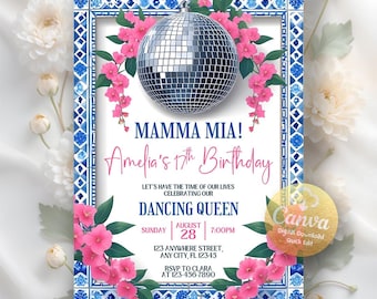 Mamma Mia Themen-Geburtstagseinladung, Mamma Mia-Thema, Tanzende Königin-Disco-Party einladen, Disco Bougainville-Party, bearbeitbare Canva-Vorlage