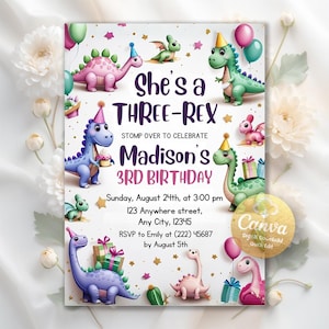 Pastel Dinosaur Birthday Invitation, Girl Three Rex Party Invitation, Cute Dino Pink Printable Invite, Pastel Dino, Editable Canva Template