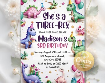 Pastel Dinosaur Birthday Invitation, Girl Three Rex Party Invitation, Cute Dino Pink Printable Invite, Pastel Dino, Editable Canva Template