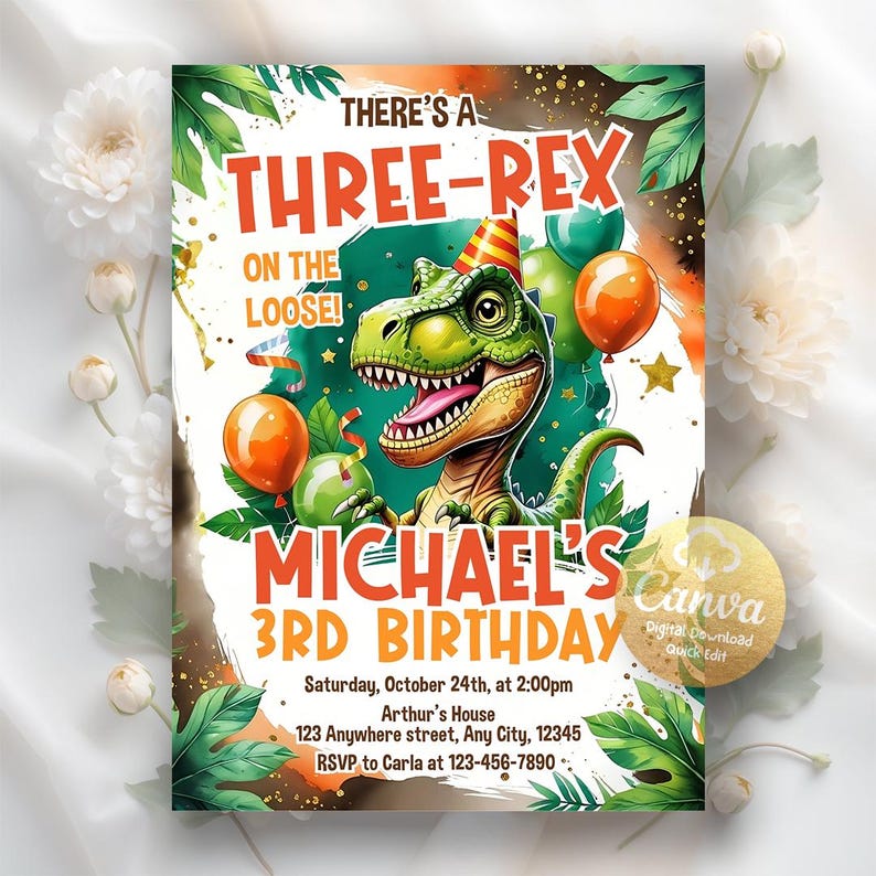 Dinosaur Birthday Invitation, Three Rex Birthday Invite, Boys Third ...