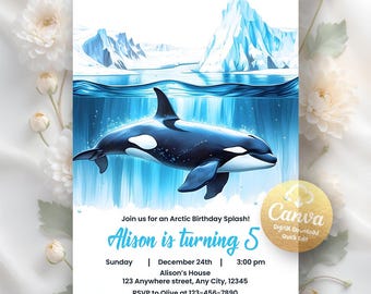 Whale Birthday Invitation, Ocean Birthday Invite, Whale Invitation, Whale Birthday Party, Under The Sea Template, Editable Canva Template