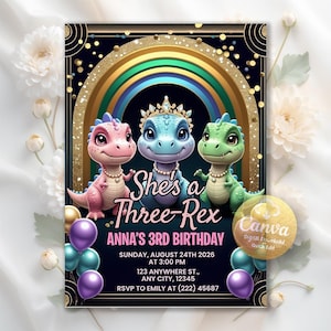 Dinosaur Birthday Invitation, Three Rex Birthday Girl Invitation, Pastel Cute Dinosaur Party Invite Digital Download Editable Canva Template