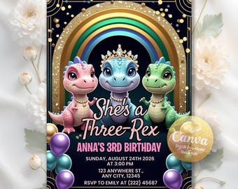 Dinosaur Birthday Invitation, Three Rex Birthday Girl Invitation, Pastel Cute Dinosaur Party Invite Digital Download Editable Canva Template