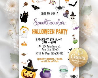 Könnte beinhalten: Eine Halloween-Party-Einladung mit dem Text "Spooktacular Halloween Party". Die Einladung enthält Illustrationen einer schwarzen Katze, Fledermäusen, einem Kürbis und einem Skelett. Datum, Uhrzeit und RSVP-Informationen sind ebenfalls enthalten.