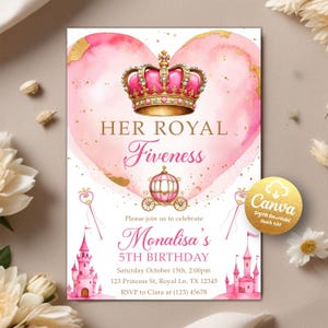 Son invitation d'anniversaire princesse Royal Fiveness, invitation d'anniversaire de princesse, modèle de toile modifiable numérique imprimable de château de couronne de filles