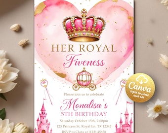 Her Royal Fiveness Princess Birthday Invitation, Princess Birthday Invitation, Girls Crown Castle Printable Digital Editable Canva Template