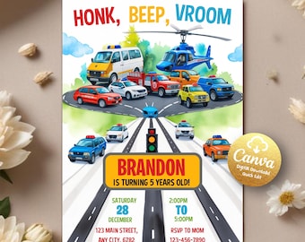 Transportation Birthday Invitation, Honk, Beep, Choo Choo, Train, Truck Cars Birthday Invitation, Printable Digital Editable Canva Template