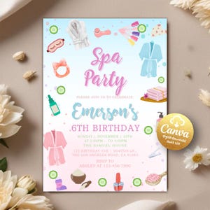 Spa Party Birthday Invitation, Pamper Party Birthday Invite, Spa Day Party, Glam Party Birthday, Spa Girls Birthday, Editable Canva Template