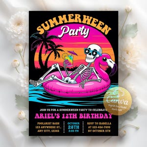 May include: A black and pink party invitation with the text "Summerween Party". It features a skeleton wearing sunglasses and floating on a pink flamingo floatie, holding a cocktail. The invitation includes party details.