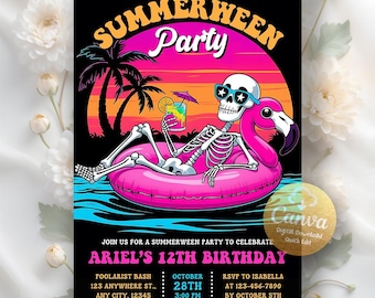 Invitación para fiesta de verano, invitación para una celebración de verano espeluznante, fiesta de Halloween con fantasmas en la piscina, invitación de Halloween, plantilla editable de Canva