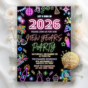 Neon New Years Eve Party Invitation, Fireworks Holiday Party, Instant Download, Editable Canva Template