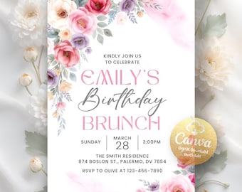 Let's Brunch Invitation, Boho Wildflower Birthday Brunch Party Invite, Floral Girls Birthday Invite,Digital Download,Editable Canva Template