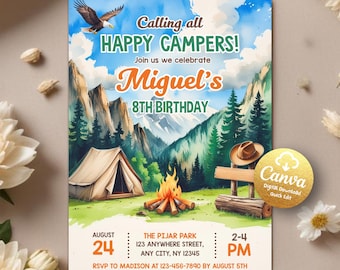Camping Birthday Invitation, Camping Party Invitation, Camp Out, Under The Stars, Boy Campout Party, Smores Party, Editable Canva Template