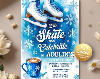 May include: Blue and white birthday invitation with a watercolor background featuring snowflakes and ice skates. The text reads "Let's Skate and Celebrate ADELIN'S 5th Birthday". The invitation includes the date, time, and location of the party, as well as an RSVP contact.