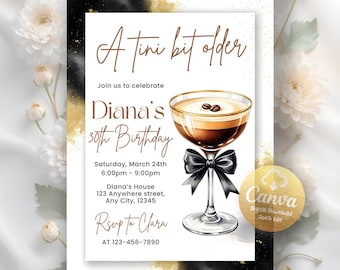 Invitación de cumpleaños para adultos mayores con temática de Tini Bit, invitación a una fiesta temática de moño femenino con martini espresso, invitación elegante para cóctel, plantilla editable de Canva
