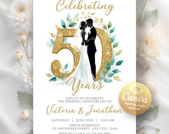 50th Anniversary Invitation, Greenery Wedding Anniversary Invite, Wedding Anniversary Invitation, Digital Download, Editable Canva Template