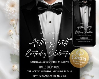May include: Black and white invitation for Anthony's 50th Birthday Celebration. The design features a tuxedo with a bow tie and the event details: Saturday, August 24th, at 7:00 PM, Halls Chophouse, and RSVP information. Includes 5x7 inch and 1080x1920 px sizes.