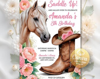 Cowgirl Birthday Invitation, Horse Birthday Invitation, Horse Invite, Cowgirl Party, Pink Floral Birthday Invitation,Canva Editable Template