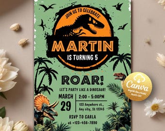 May include: Green dinosaur birthday party invitation with a green, orange, and black dinosaur illustration. The text reads "Join us to celebrate Martin is turning 5 Roar! Let's party like a dinosaur! March 29 2:00-5:00PM 123 Anywhere st., Any city, St 12345 RSVP to Carla at +123-456-7890"