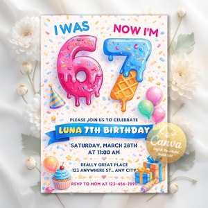 Op de afbeelding: Een kleurrijke verjaardagsuitnodiging met de tekst "I WAS 6, NOW I'M 7". Het ontwerp bevat donutvormige cijfers, ballonnen en een cupcake. De uitnodiging is voor Luna's 7e verjaardag, gepland op 28 maart om 11:00 uur.