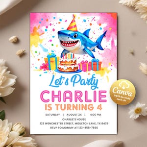 Editable Shark Birthday Invitation, Shark Invite, Boy Invitation, Shark Birthday Theme, Kids Birthday Party Invites, Editable Canva Template