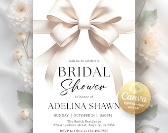 White Bow Bridal Shower Invitation, White Bow Birthday, Elegant Cream Bow Bridal Shower Invite, Digital Download, Editable Canva Template