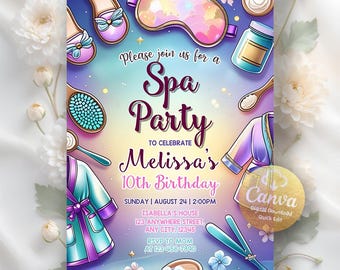 Może przedstawiać: Zaproszenie na imprezę spa z fioletowym, niebieskim i żółtym gradientowym tłem. Zaproszenie zawiera ilustracje o tematyce spa, takie jak kapcie, maska do spania i szlafrok. Tekst brzmi: "Dołącz do nas na Spa Party, aby uczcić 10. urodziny Melissy."