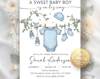 Zaproszenie na baby shower dla chłopca, zaproszenie na baby shower z linii ubrań, minimalistyczne zaproszenie na baby shower, pobieranie cyfrowe, edytowalny szablon Canva