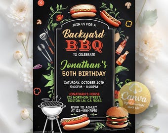 BBQ Birthday Invitation, BBQ Party Invite, Barbecue Grill and Chill Invite, Barbecue BBQ Printable Digital Download, Editable Canva Template