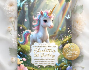 Unicorn Birthday Invitation, Magical Pastel Rainbow Unicorn Birthday Party, Whimsical Fairytale Unicorn Princess, Editable Canva Template