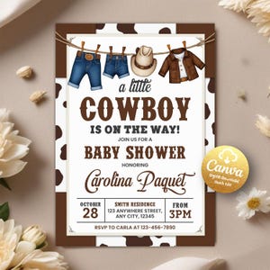 A Little Cowboy Baby Shower Invitation, Wild West Baby Shower Invite, Brown Cowboy Baby Shower Invites, Rodeo Baby, Editable Canva Template