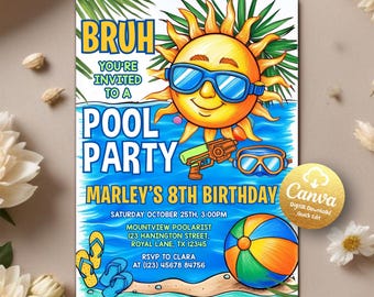 Invitación de cumpleaños para niños, invitación a fiesta de cumpleaños en la piscina para niños, invitación a fiesta de verano en la piscina para niños, plantilla imprimible digital editable de Canva