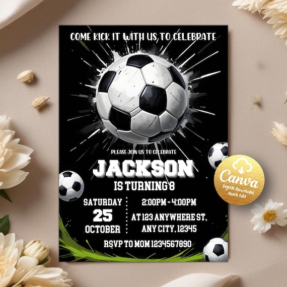 Soccer Birthday Invitation, Soccer Invitation, Football Flyer, Kick off Celebration Soccer Party, Football Party, Editable Canva Template