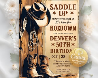 Editable Cowboy Birthday Invitation, Country Western Invitation, Rustic Wood, Cowboy Hat Invite, Instant Download, Editable Canva Template